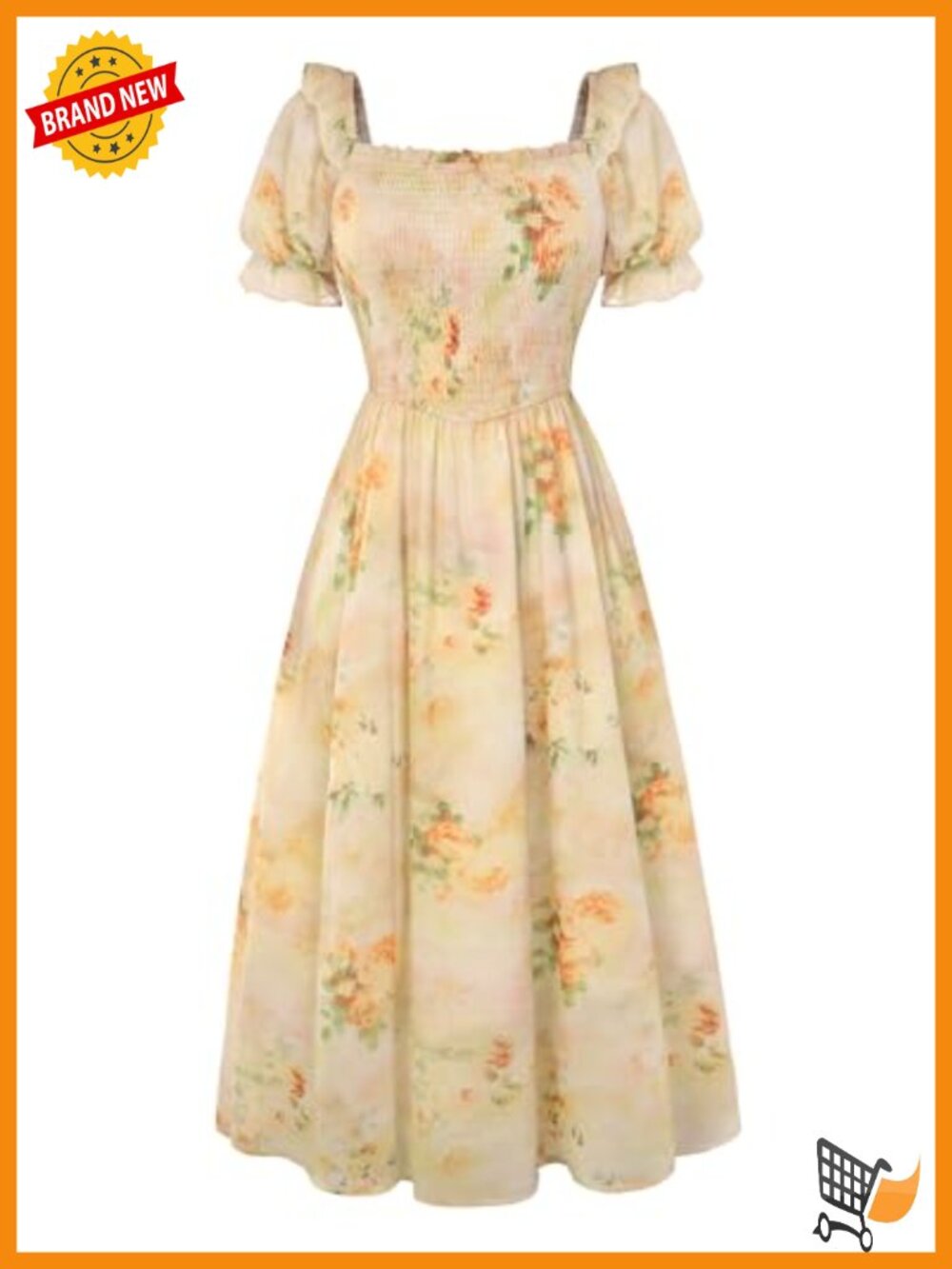 Floral Puff Sleeve Square Neck A-Line Midi Dress with Pockets
